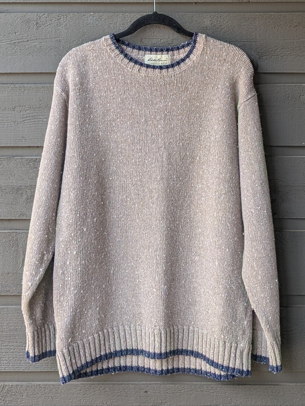 VTG 90s Eddie Bauer Oatmeal Crewneck Sweater with Blue Trim Small Cotton Wool